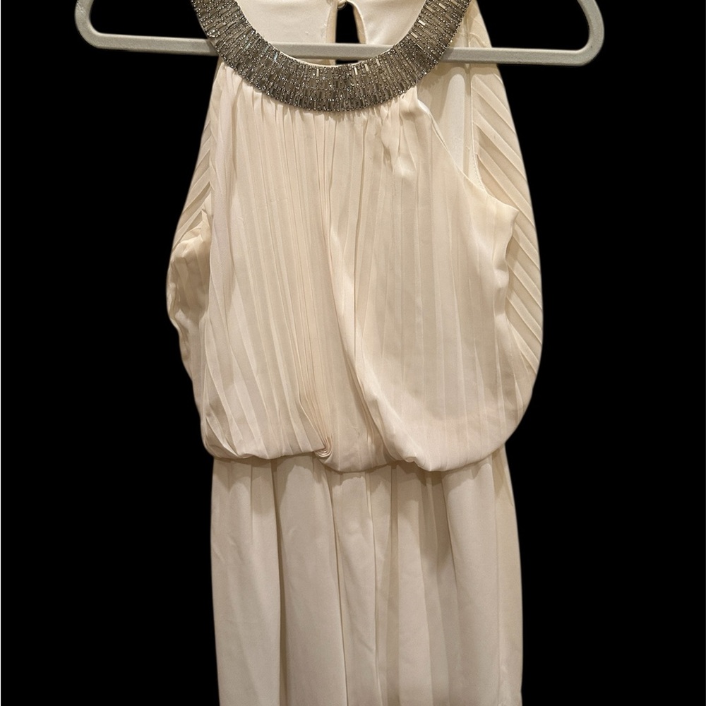 Studio F Elegant Beige Mini Dress with Silver Accents Pleated Small.